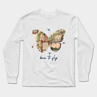 Vintage Map Butterfly: Born to Fly Adventure Design Long Sleeve T-Shirt